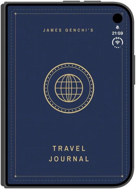 Navy cover with a gold globe emblem