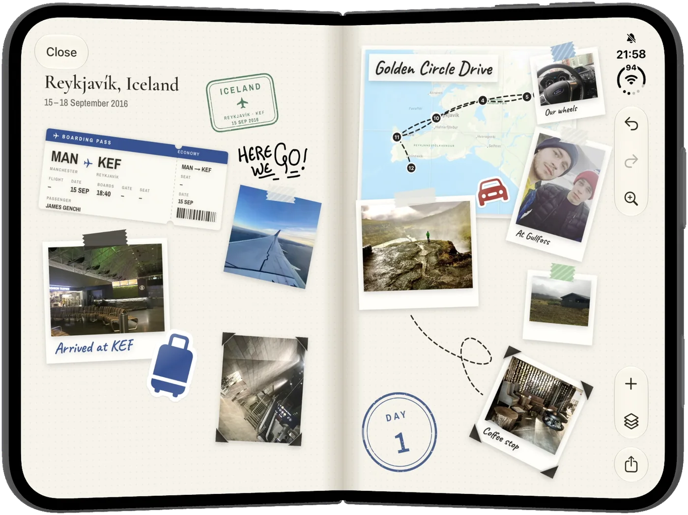 Wanderjournal open on a folding iPhone, showing a journal spread from a trip to Iceland