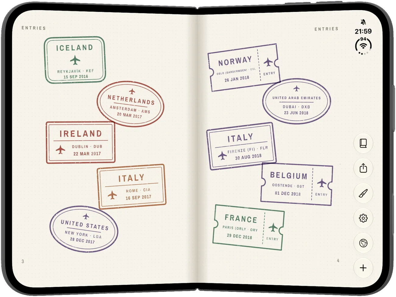 An open passport spread full of travel stamps