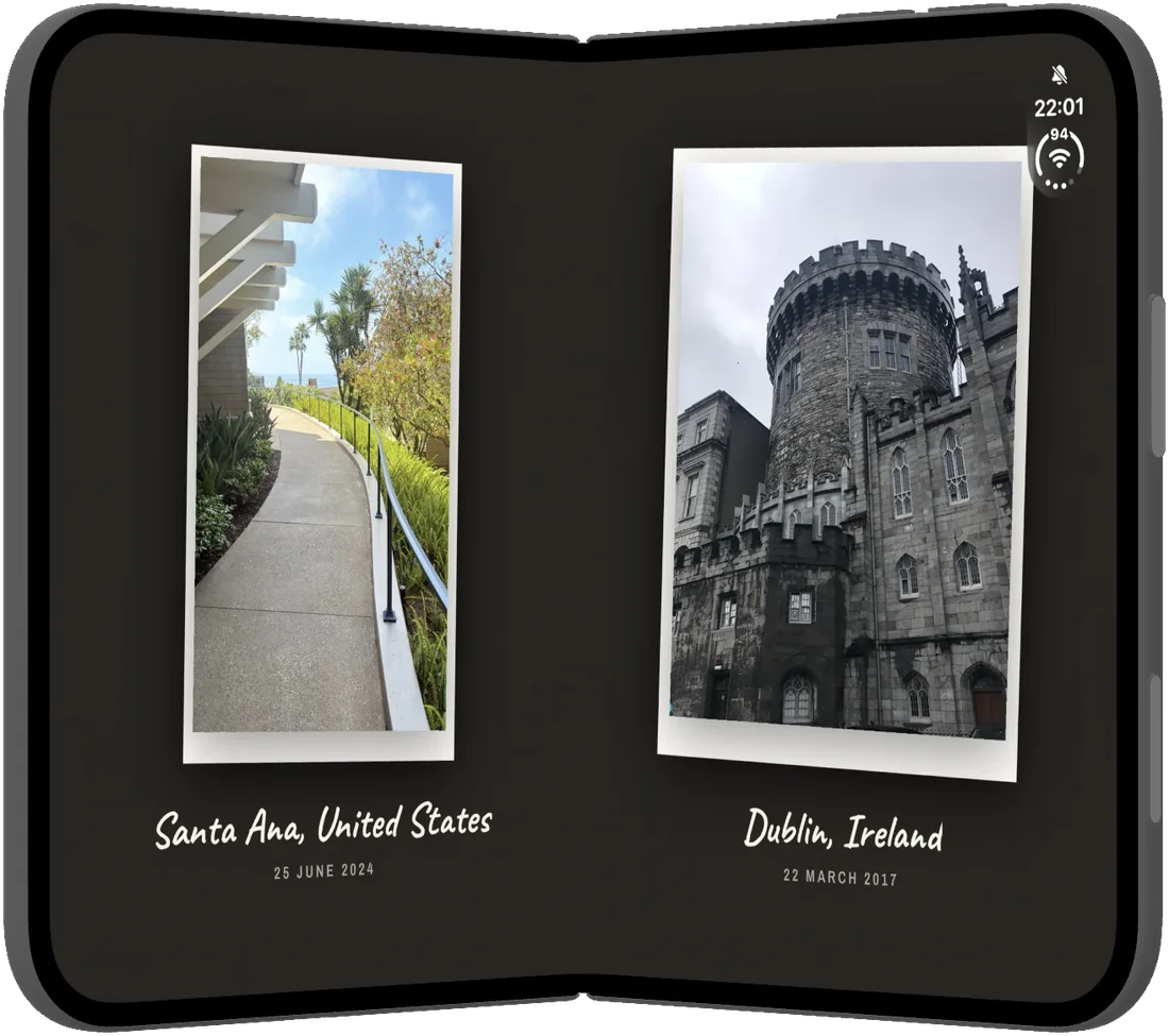 Photo frame mode showing two travel photos