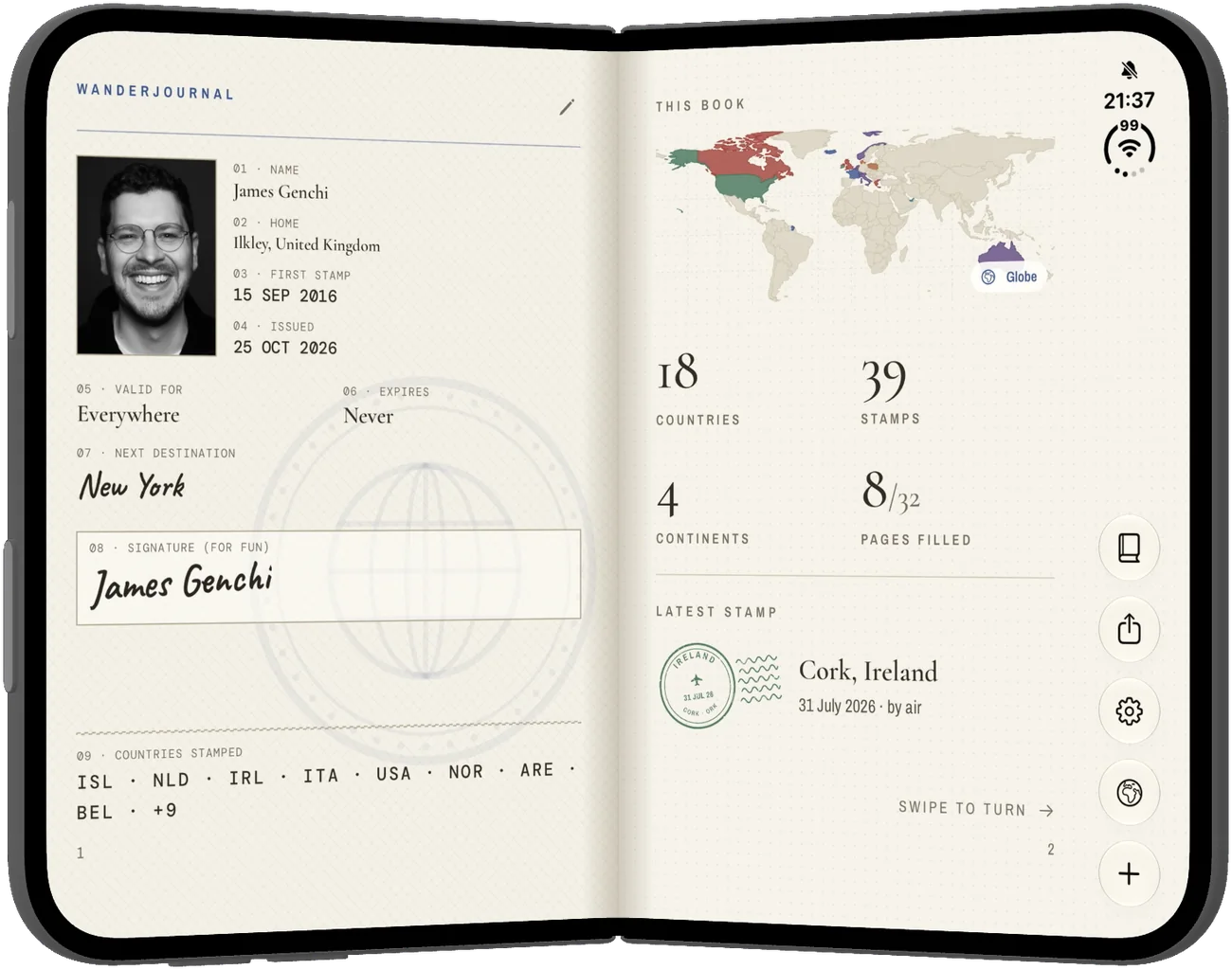The traveller page with a world map and travel totals